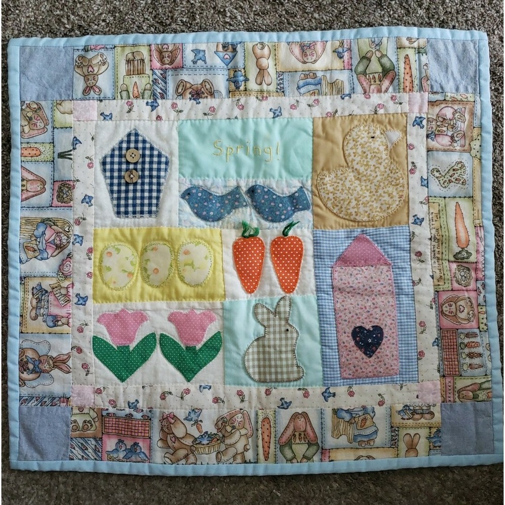 Quilted Wall Hanging Spring Theme Basket Button Flowers Heart Pink Blue Handmade